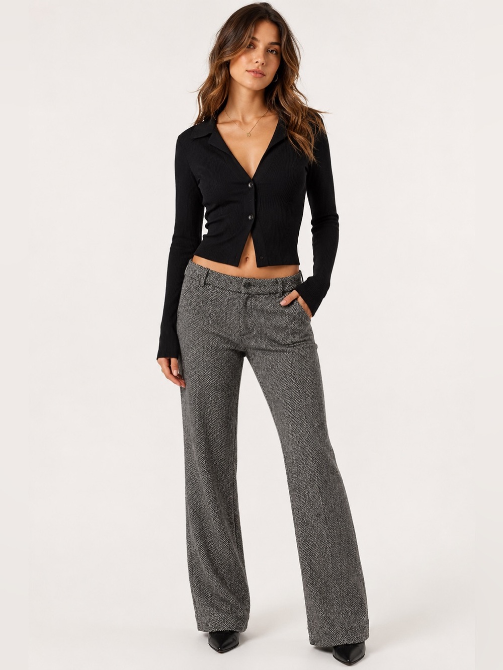 Guess Vintage 90s Y2K Black Wool Herringbone Boot Leg Trouser Pants Sz. 27